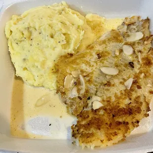 Gulf flounder almondine with garlic mashed potatoes