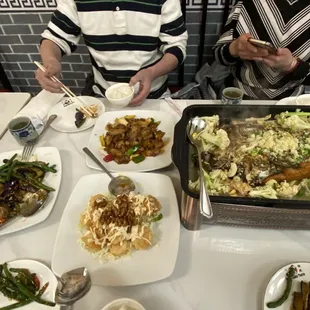 Honey walnut shrimp, string bean with eggplant, twice cooked pork, and hot &amp; spicy grilled whole fish (asked for less spice) MP $48