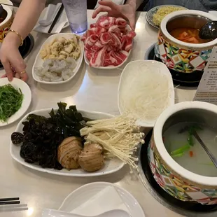 Seaweed salad, mushrooms, peeled shrimp, noodles, beef
