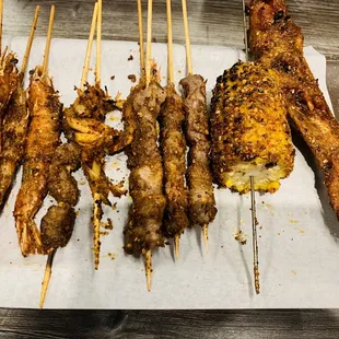 Lamb skewer, beef skewer, corn, chicken wings and shrimps