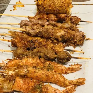 Lamb/beef skewer, corn, shrimp