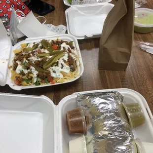 large burrito, nachos, birria tacos