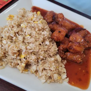 General Tso's and fried rice made, as requested, without veggies.  Nice flavor and less-sweet than many.