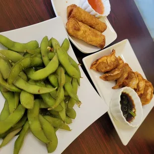 Appetizers!  Yummy eggrolls, potstickers, edamame and sauces too!