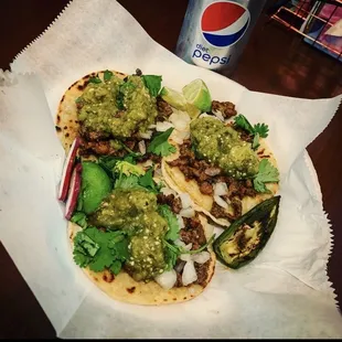 Carne Asada Tacos with Green Salsa and a Diet Pepsi of course!