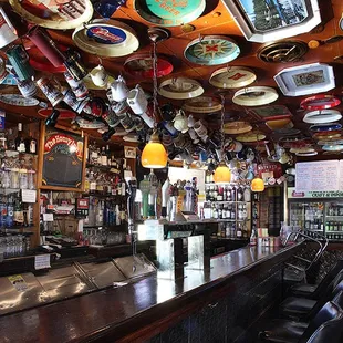 a bar with a lot of bottles hanging from the ceiling