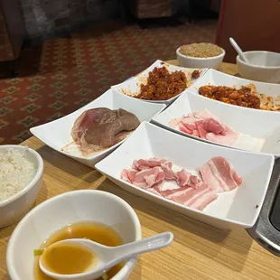 Miso Soup, Steamed Rice, Side Fried Rice, Brisket Deluxe,  Pork Belly Deluxe, Spicy Pork Bulgogi Deluxe