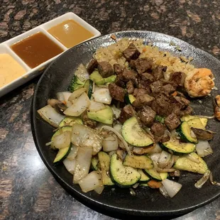 Filet Mignon with veggies and Side Fried Rice