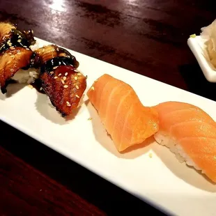 Unagi and salmon nigiri.