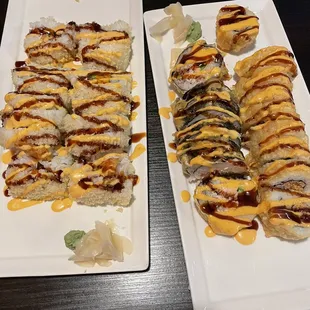 Left plate: 2 crunchy dynamite rolls  Right plate: Las Vegas roll and Ninja roll