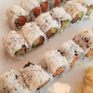 Spicy crab, spicy tuna and salmon avocado roll