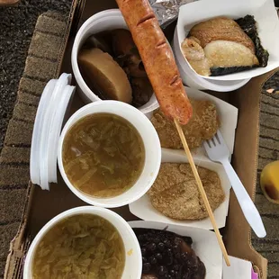 Mochi, sausage stick, tonjiru, oden