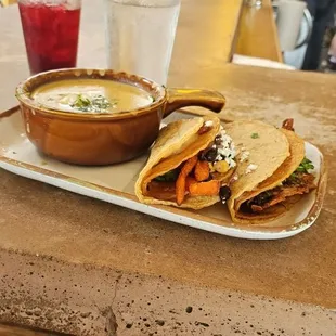 Roasted Brussels champ taco, sweet potato fries champ taco, jalapeño corn chowder