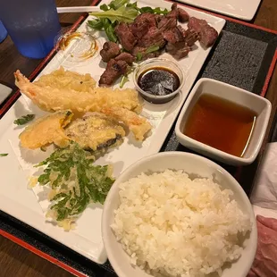 Angus beef teriyaki, tempura, rice