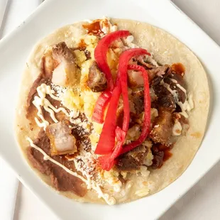 Chicharron, Pickled Onions and Scramble Eggs Baleada