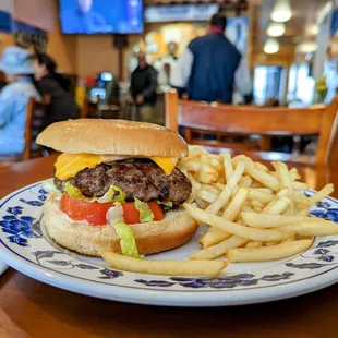 1/2 pound cheeseburger w/fries $10