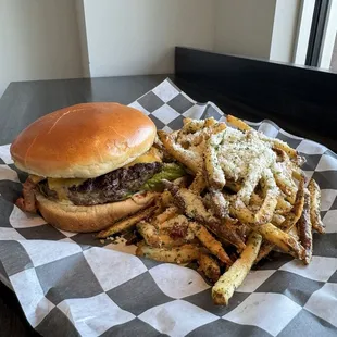 Greatest burger ever with Parmesan truffle fries @dangit.all