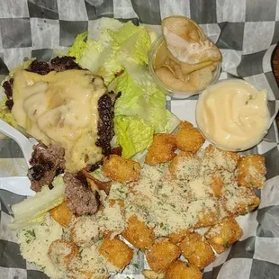1809 Burger no bun and parmesan truffle tots!
