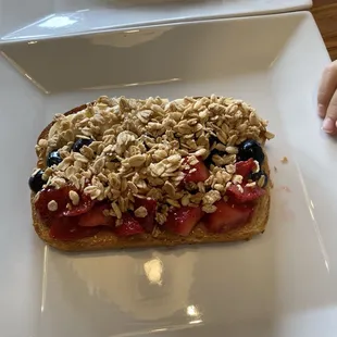 Franklin Toast- berries, bananas, peanut butter, honey, and granola (without the hemp seeds)