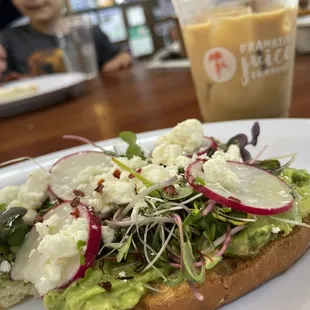Avocado toast; oat milk latte