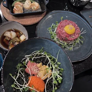 Scallops, beef tartare and sea urchin with cod roe rice