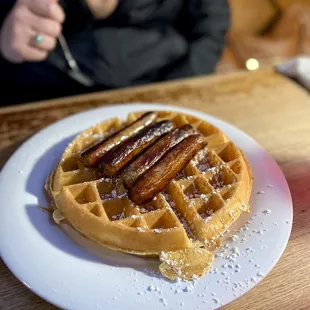 Belgian waffle with sausage links