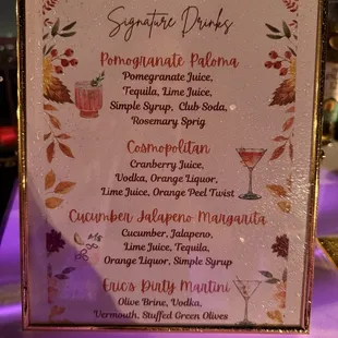 The menu to the drinks that we requested