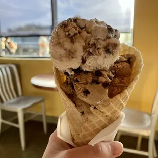 Cannoli cone and Coffee chocolate chip (1.5 scoops) in a homemade waffle cone