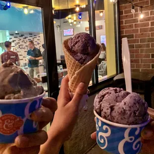 1 scoop of Blueberry Muffin in a waffle cone