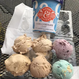 Flight! Top row: mini donut, cinnful, royal triple Berry. Second row: Irish creme, peanut butter banana, Cookie Monster.