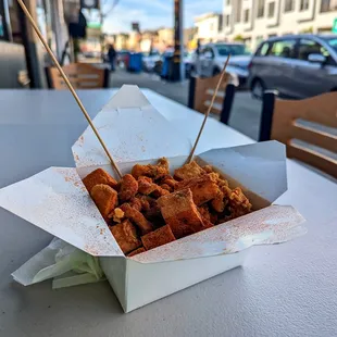 Combo B, popcorn chicken with fried tofu.