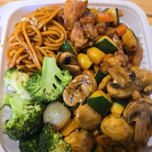 Clockwise: Lo mein, kung pao chicken, mushroom chicken, and broccoli