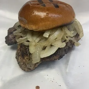 BBQ Johnson's ultimate grilled pork chop sandwich with grilled onions and mustard- it is a build your own sandwich so have it your way!