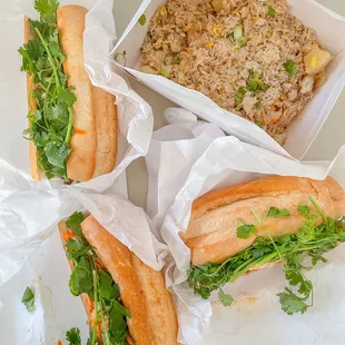 extra cilantro  3 banh mi sandwiches + pineapple fried rice w shrimp