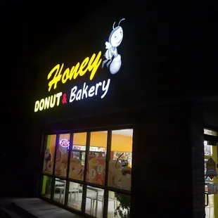 the front of the bakery at night