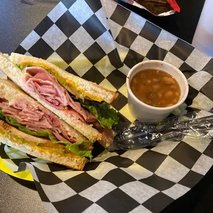 Honey ham sandwich with baked beans