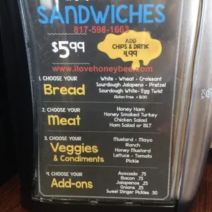 a menu for sandwiches