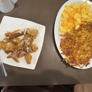 French Toast and hash browns with eggs and cheese