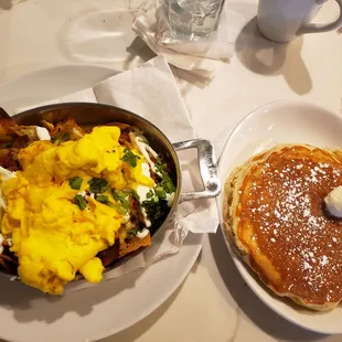 Chorizo Chilaquiles with a side of pancakes