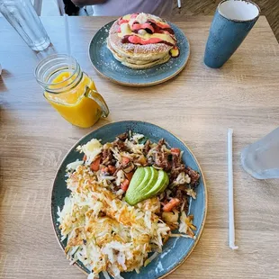 Vegan Breakfast Hash and Signature Honeyberry pancakes