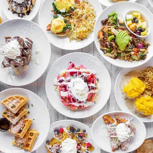 a spread of breakfast foods