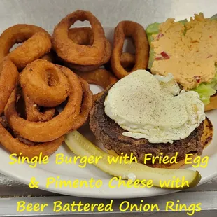 a burger and onion rings