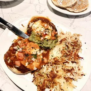 Pancakes, pulled pork rancheros