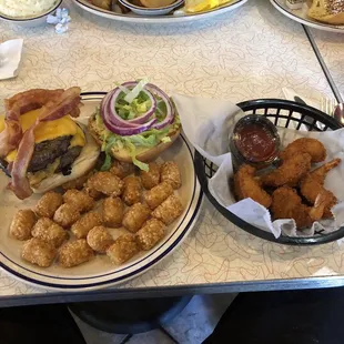 First time trying, this meal is called a double wide with tater tots, and I added a side order of fried shrimp.