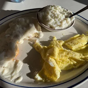 Sausage and gravy biscuits, stone, ground grits with scrambled eggs
