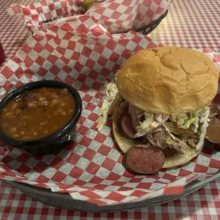 Honey Creek Pig Out Sandwich &amp; baked beans