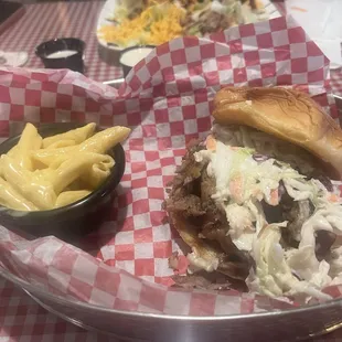 Pig Out sandwich with Mac and cheese.