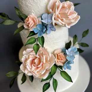 Stucco buttercream wedding cake with handmade sugar flowers