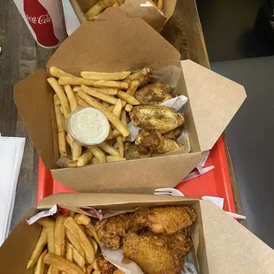 Lemon pepper wings and and honey garlic wings and onion rings