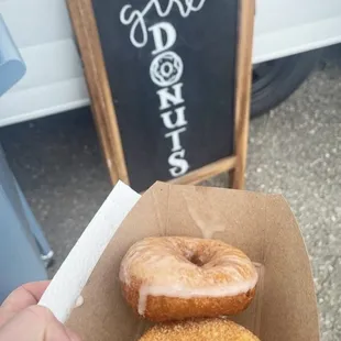 Cinnamon Sugar &amp; Glazed Caked donuts. Hot and Fresh!